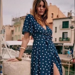 Sezane Sarah Dress Navy Polka Dots Size 36
